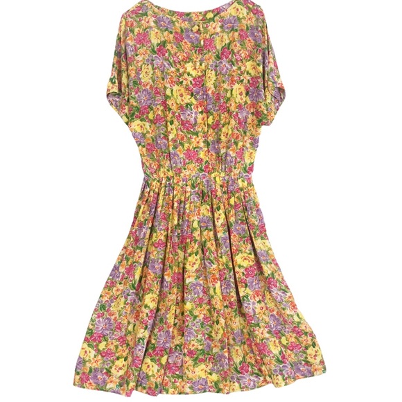 VINTAGE 80s 90s Bold Yellow Pink Floral Brushstroke Art Print Silk Pleated Mini - Picture 5 of 9